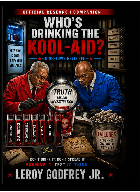The Official Research Companion to Who's Drinking the Kool-Aid? — two researchers in red and blue lab coats examining a glass of red liquid under a magnifying glass reading TRUTH UNDER INVESTIGATION
