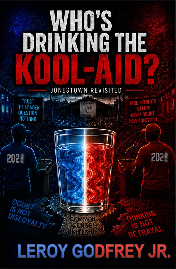 Hardcover of Who's Drinking the Kool-Aid? — Jonestown Revisited, showing a glass split between blue and red liquid on a stage between two crowds, with the title in white and red type