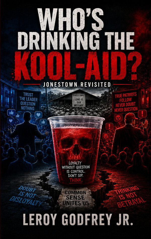 Hardcover of Who's Drinking the Kool-Aid? — a clear cup of red liquid with a skull inside it, standing on cracked ground that splits a blue crowd from a red crowd