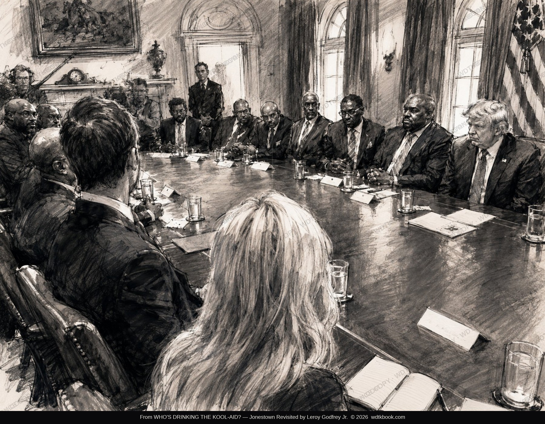 Pencil sketch of the White House meeting with faith leaders that inspired the book's title, from the interior of Who's Drinking the Kool-Aid?